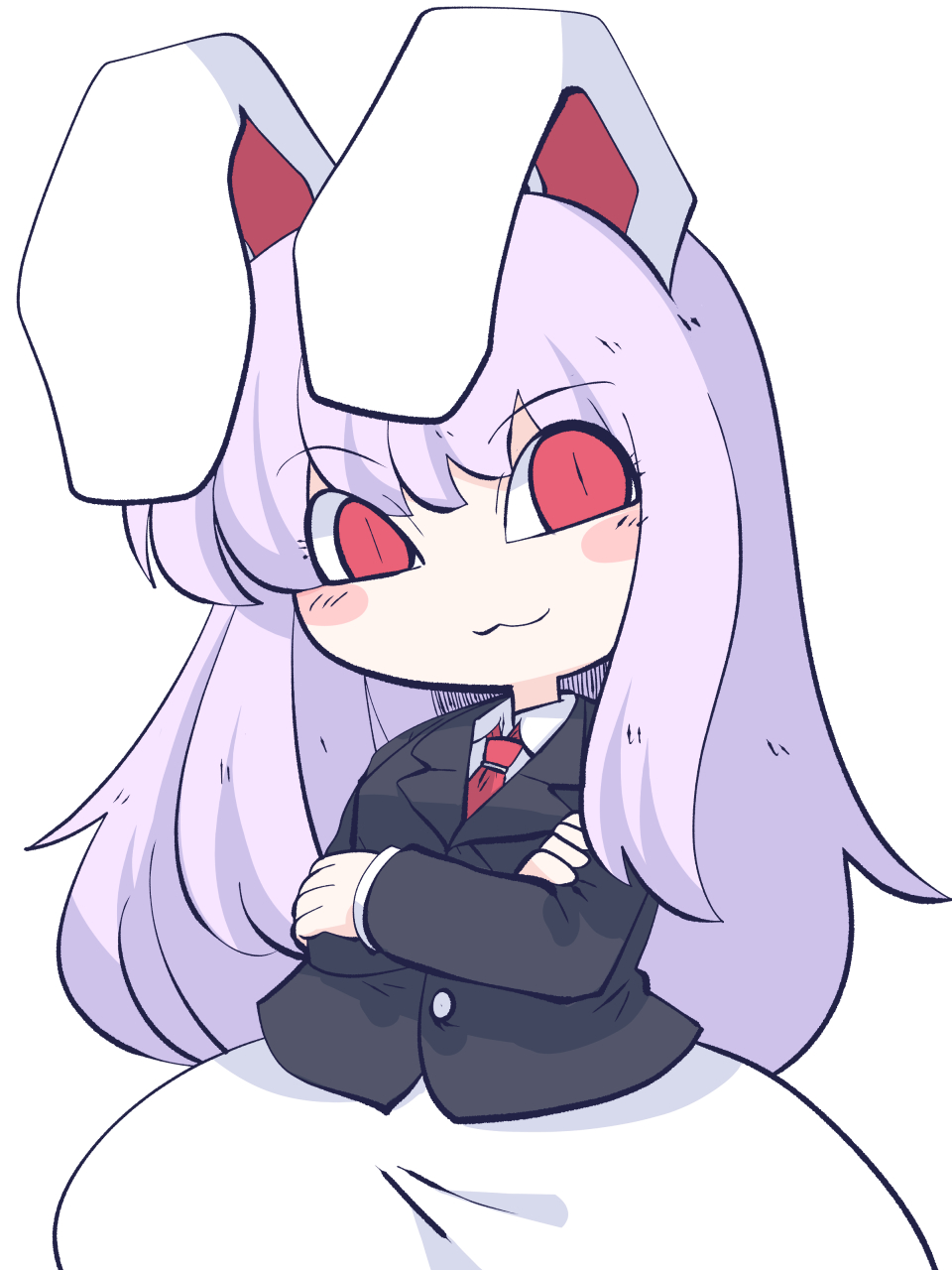 1girl :3 animal_ears black_jacket blazer blush_stickers buttons closed_mouth collared_shirt crossed_arms fried_rice0614 highres jacket light_purple_hair long_hair long_sleeves necktie one-hour_drawing_challenge rabbit_ears red_eyes red_necktie reisen_udongein_inaba shirt simple_background skirt smile solo touhou upper_body white_background white_shirt white_skirt