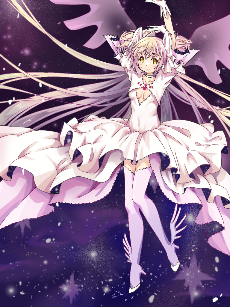 1girl absurdly_long_hair bangs bow choker cropped_jacket dress frilled_dress frills full_body gloves goddess_madoka hair_bow high-low_skirt high_heels jacket kaname_madoka layered_dress layered_sleeves long_hair looking_at_viewer low_neckline mahou_shoujo_madoka_magica pink_gemstone pink_hair pink_wings pumps short_sleeves sidelocks smile solo space space_print starry_sky_print swept_bangs thigh-highs two-sided_fabric two_side_up user_rwtd7534 very_long_hair white_bow white_choker white_dress white_footwear white_gloves white_jacket wide_sleeves winged_footwear wings yellow_eyes
