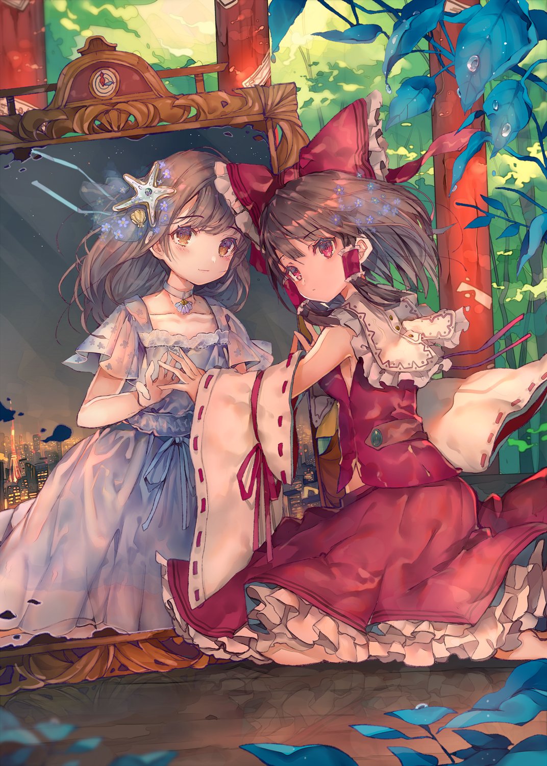 2girls bangs bare_shoulders blue_dress bow brown_eyes brown_hair cha_goma city closed_mouth collar commentary_request day detached_sleeves dew_drop dress flower forest frilled_bow frilled_hair_tubes frilled_skirt frills full_body hair_bow hair_tubes hakurei_reimu highres looking_at_viewer medium_hair mirror multiple_girls nature night original plant red_bow red_eyes red_skirt red_vest ribbon-trimmed_sleeves ribbon_trim seiza shell shell_hair_ornament short_sleeves sitting skirt split_theme starfish_hair_ornament torii touhou vest water_drop white_sleeves