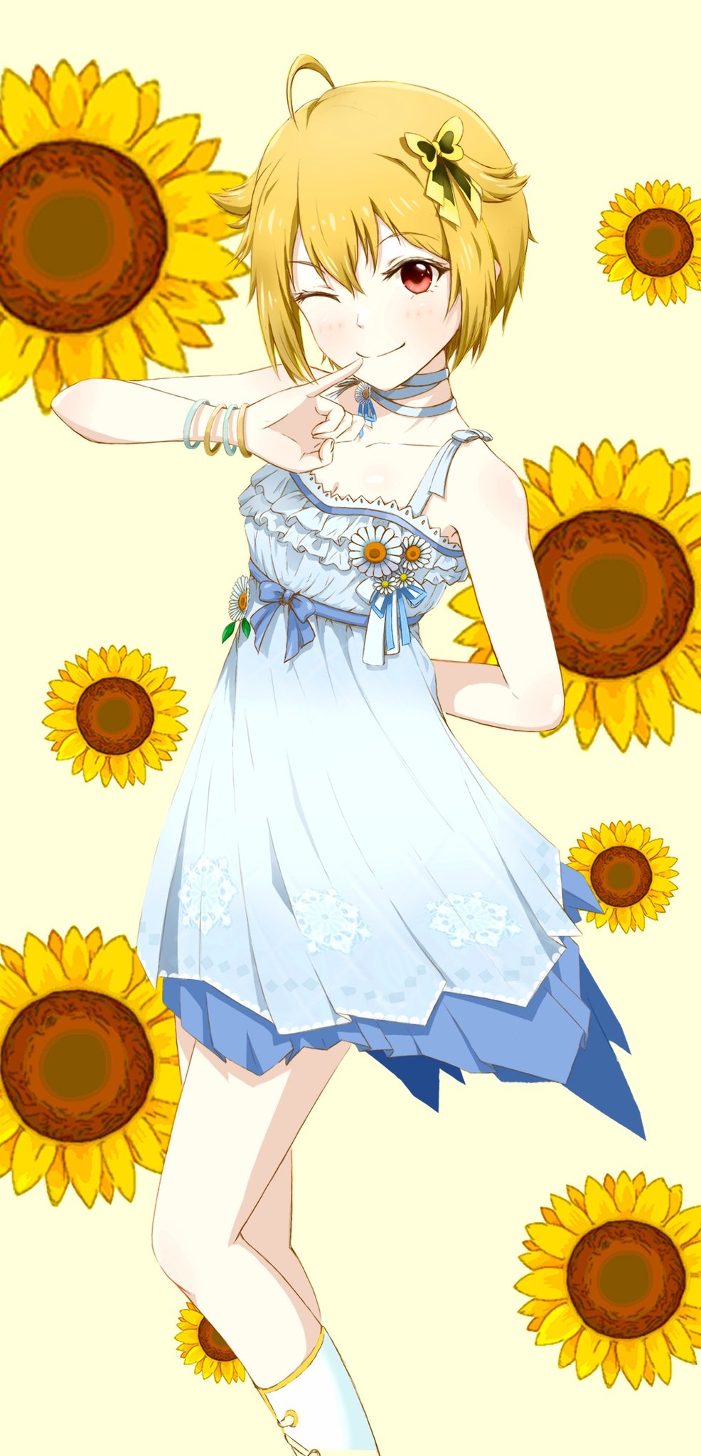 1girl ahoge arm_behind_back bangs blonde_hair blue_dress boots butterfly_hair_ornament collarbone commentary drapitz dress finger_to_mouth floral_background flower flower_ornament frilled_dress frills hair_flaps hair_ornament hand_up highres ibuki_tsubasa idolmaster idolmaster_million_live! lace_trim legs light_blush looking_at_viewer neck_ribbon one_eye_closed print_dress red_eyes ribbed_dress ribbon short_hair sidelocks smile solo sunflower thighs white_footwear white_ribbon yellow_background