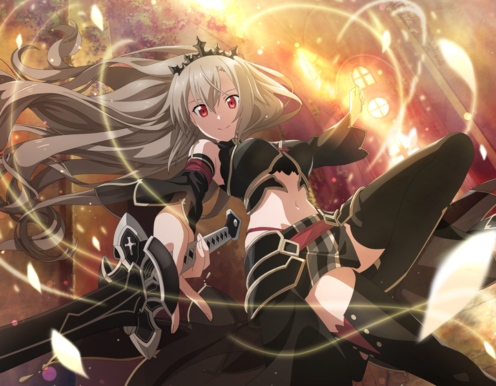 1girl armor bag black_sleeves black_thighhighs breasts brown_hair closed_mouth crop_top detached_sleeves diadem eydis_(sao) faulds floating_hair game_cg hair_between_eyes highleg highleg_panties holding holding_sword holding_weapon long_hair long_sleeves looking_at_viewer medium_breasts midriff miniskirt navel panties red_eyes red_panties red_skirt skirt smile solo stomach sword sword_art_online thigh-highs underwear very_long_hair waist_cape weapon zettai_ryouiki