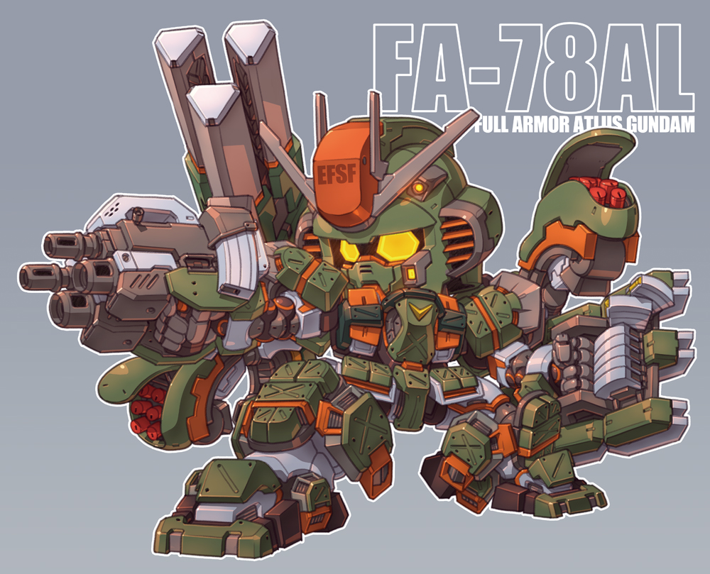 atlas_gundam character_name chibi full_armor_gundam fusion glowing glowing_eyes grey_eyes gun gundam gundam_msv gundam_thunderbolt holding holding_gun holding_weapon looking_to_the_side mecha missile_pod no_humans orange_eyes robot science_fiction solo susagane v-fin weapon