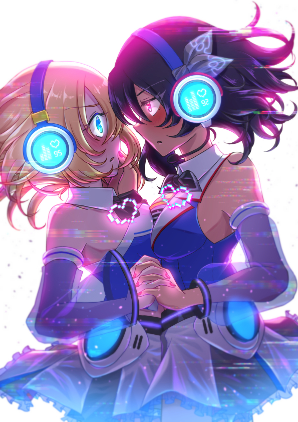 2girls andou_(girls_und_panzer) bare_shoulders black_hair blonde_hair blue_eyes blush breasts brown_eyes girls_und_panzer glowing_heart headphones heart heart_on_chest holding_hands idol imminent_kiss looking_at_another medium_breasts multiple_girls nail_polish open_mouth oshida_(girls_und_panzer) salt-apple shiny shiny_hair short_hair upper_body yuri