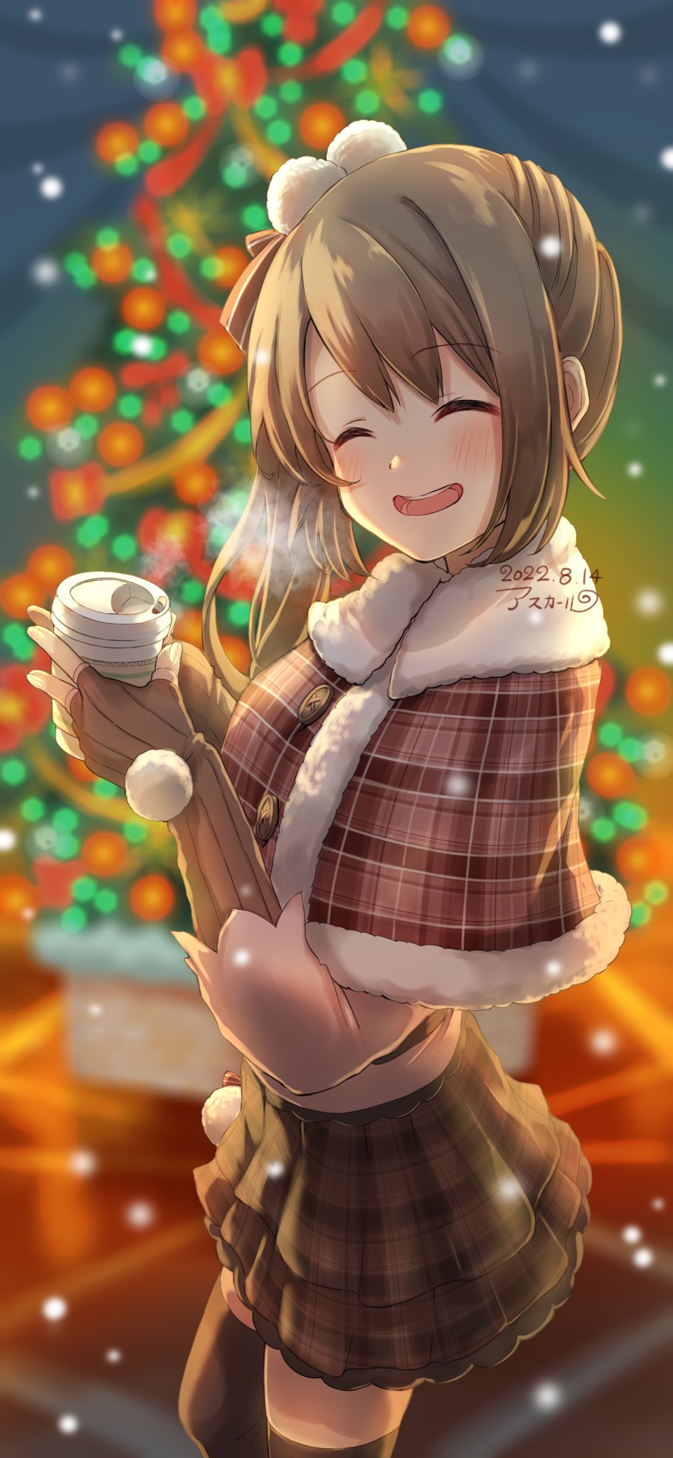 1girl asukaru_(magika_ru) bangs blush brown_hair capelet christmas christmas_tree closed_eyes drink hair_ribbon highres holding holding_drink long_hair looking_at_viewer magia_record:_mahou_shoujo_madoka_magica_gaiden mahou_shoujo_madoka_magica open_mouth ribbon side_ponytail sidelocks smile snow solo steam yui_tsuruno