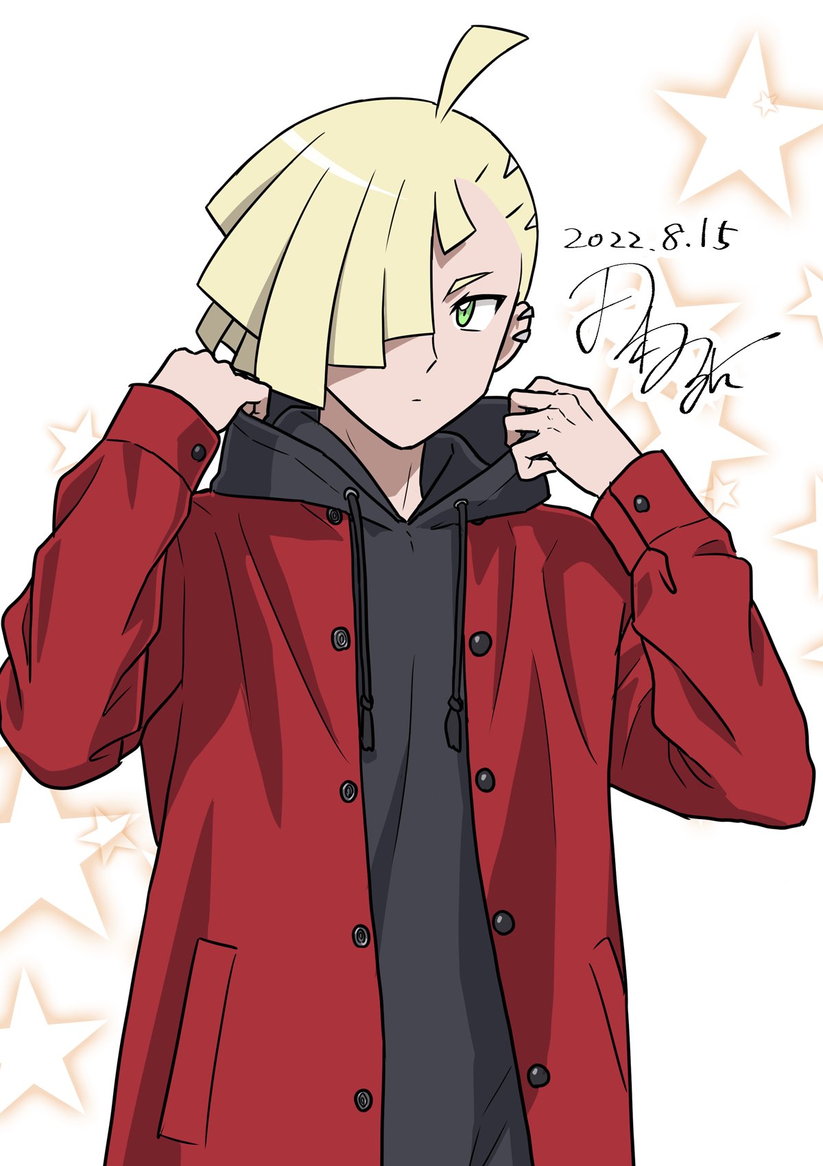 1boy ahoge alternate_costume bangs black_hoodie blonde_hair buttons closed_mouth coat commentary_request dated ear_piercing gladion_(pokemon) green_eyes hair_over_one_eye hands_up highres hood hoodie long_sleeves male_focus one-hour_drawing_challenge open_clothes open_coat piercing pokemon pokemon_(game) pokemon_sm red_coat short_hair signature solo star_(symbol) tamura_(kouititamura) upper_body white_background