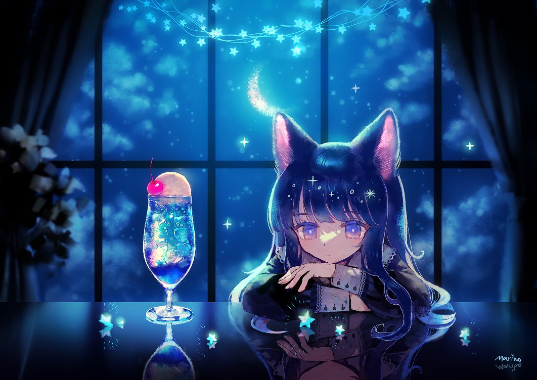 1girl animal_ears arms_on_table bangs black_hair black_shirt bright_pupils cat_ears cat_girl cherry closed_mouth clouds crescent_moon cup curtains drinking_glass expressionless food fruit head_rest ice ice_cream ice_cream_float ice_cube long_hair looking_at_viewer mariko_(leda) moon night original plant reflection reflective_table sailor_collar sailor_shirt shirt sleeve_cuffs solo star_(sky) star_(symbol) string_lights upper_body violet_eyes white_pupils