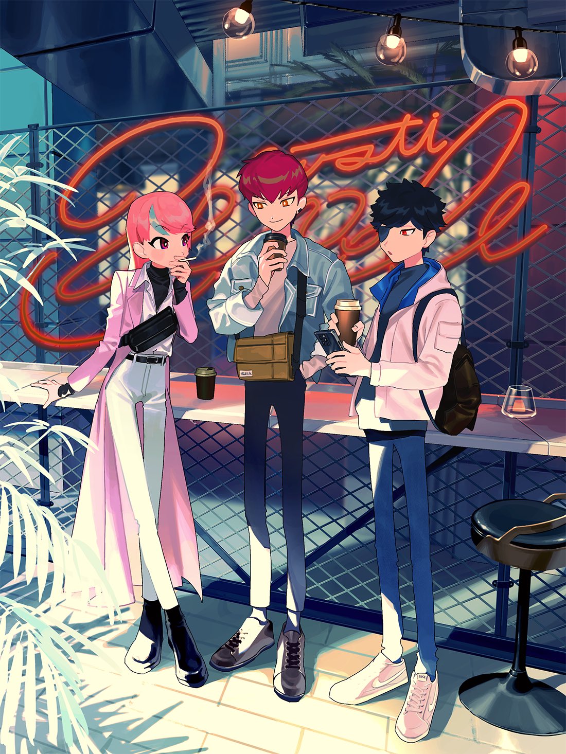 1girl 2boys belt black_belt black_footwear black_hair black_sweater blue_hair cigarette cpt_(crazy_raccoon) crazy_raccoon crossed_legs denim denim_jacket eyepatch fence hair_behind_ear highres holding holding_cigarette jacket jeans jiro_(regoied) long_hair mondo_(crazy_raccoon) multicolored_hair multiple_boys nike one_eye_covered pants pink_footwear pink_hair pink_jacket red_eyes redhead selly55 shirt shoes smoking sneakers streaked_hair sweater violet_eyes white_belt white_shirt