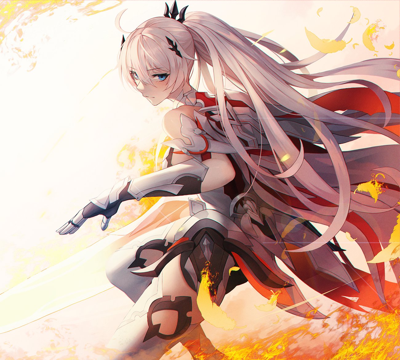 1girl ahoge armor armored_boots bangs blue_eyes boots cape dpin_(user_adhr8855) falling_feathers feet_out_of_frame gauntlets hair_between_eyes hair_ornament holding holding_sword holding_weapon honkai_(series) honkai_impact_3rd kiana_kaslana_(herrscher_of_flamescion) long_hair ponytail solo sword thigh_boots torn_cape torn_clothes weapon white_cape white_hair