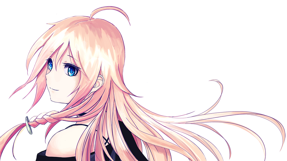 1girl ahoge bangs black_shirt blonde_hair blue_eyes braid closed_mouth floating_hair from_side hair_between_eyes ia_(vocaloid) long_hair portrait shiny shiny_hair shirt simple_background smile solo very_long_hair vocaloid white_background yuhack