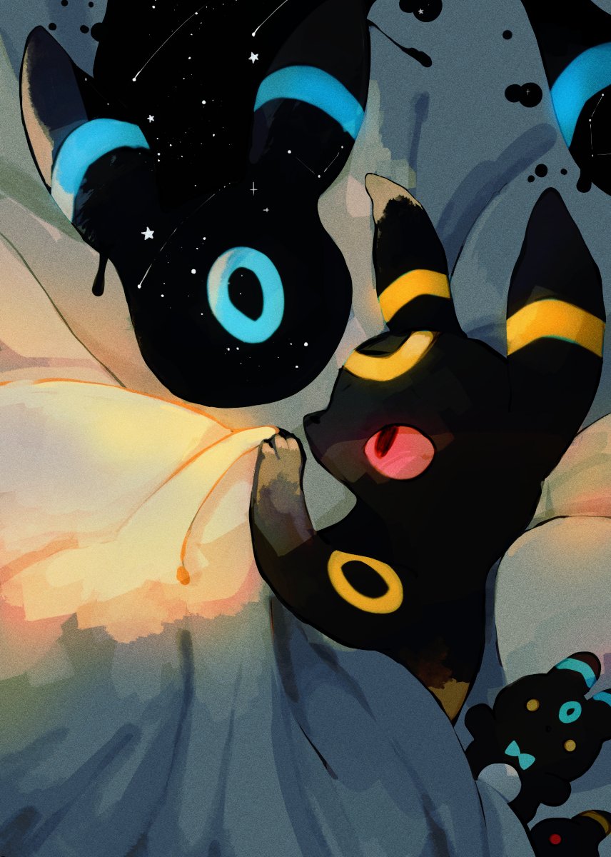 alternate_color bed bed_sheet black_fur commentary_request from_side highres lil no_humans pokemon pokemon_(creature) red_eyes shiny_pokemon stuffed_toy umbreon under_covers yellow_fur