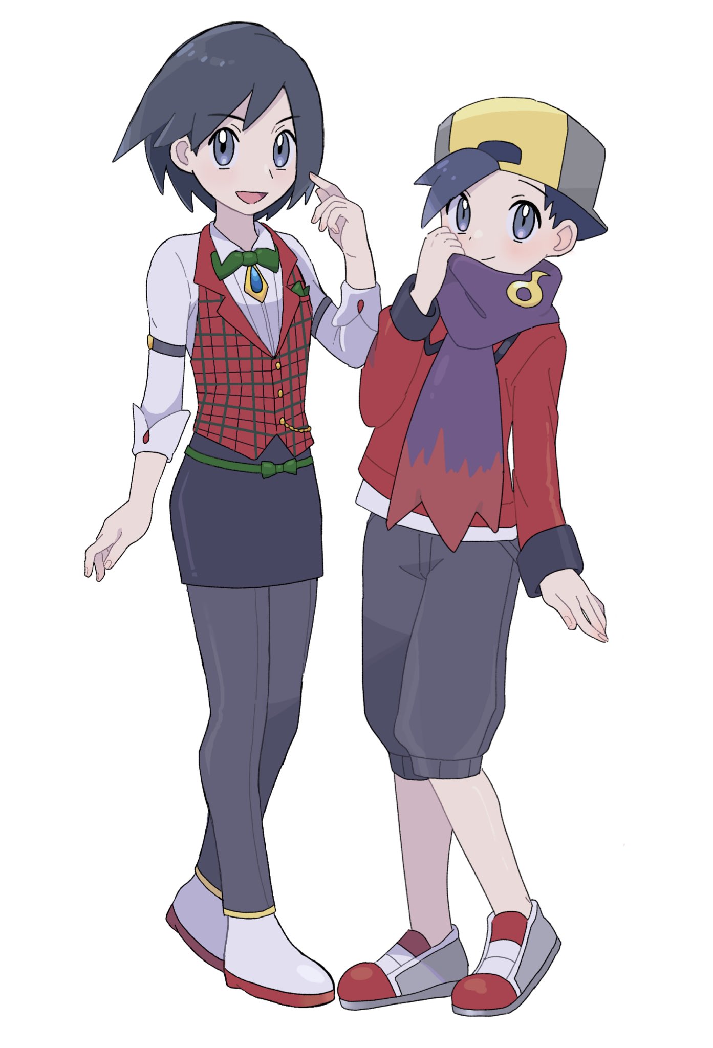2boys apron bangs black_hair borrowed_garments buttons calem_(pokemon) capri_pants closed_mouth ethan_(pokemon) grey_eyes grey_pants hand_up hat highres jacket long_sleeves looking_at_viewer male_focus multiple_boys open_mouth pants pokemon pokemon_(game) pokemon_hgss pokemon_xy purple_scarf red_jacket red_vest sana_(37pisana) scarf shirt shoes short_hair sleeves_rolled_up smile standing vest waist_apron white_footwear white_shirt
