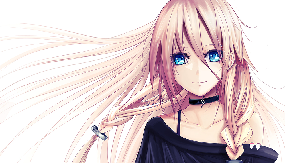 1girl bangs black_shirt blonde_hair blue_eyes braid closed_mouth collar collarbone floating_hair hair_between_eyes hair_ornament ia_(vocaloid) long_hair off-shoulder_shirt off_shoulder portrait shirt simple_background smile solo very_long_hair vocaloid white_background yuhack