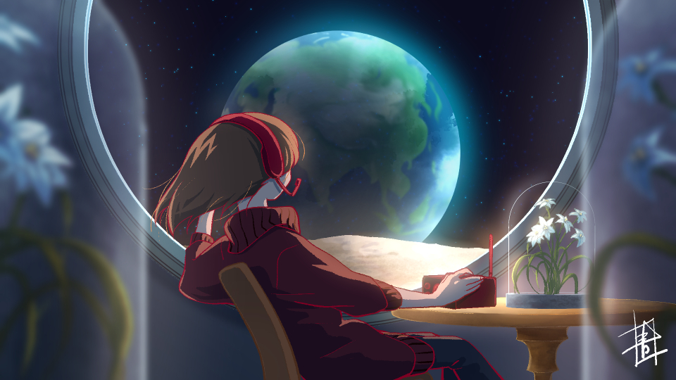 1girl aoiyuya brown_hair chair display_case earth_(planet) flower from_behind headphones headset long_hair on_chair original pantyhose planet radio signature sitting solo space sweater table turtleneck turtleneck_sweater window