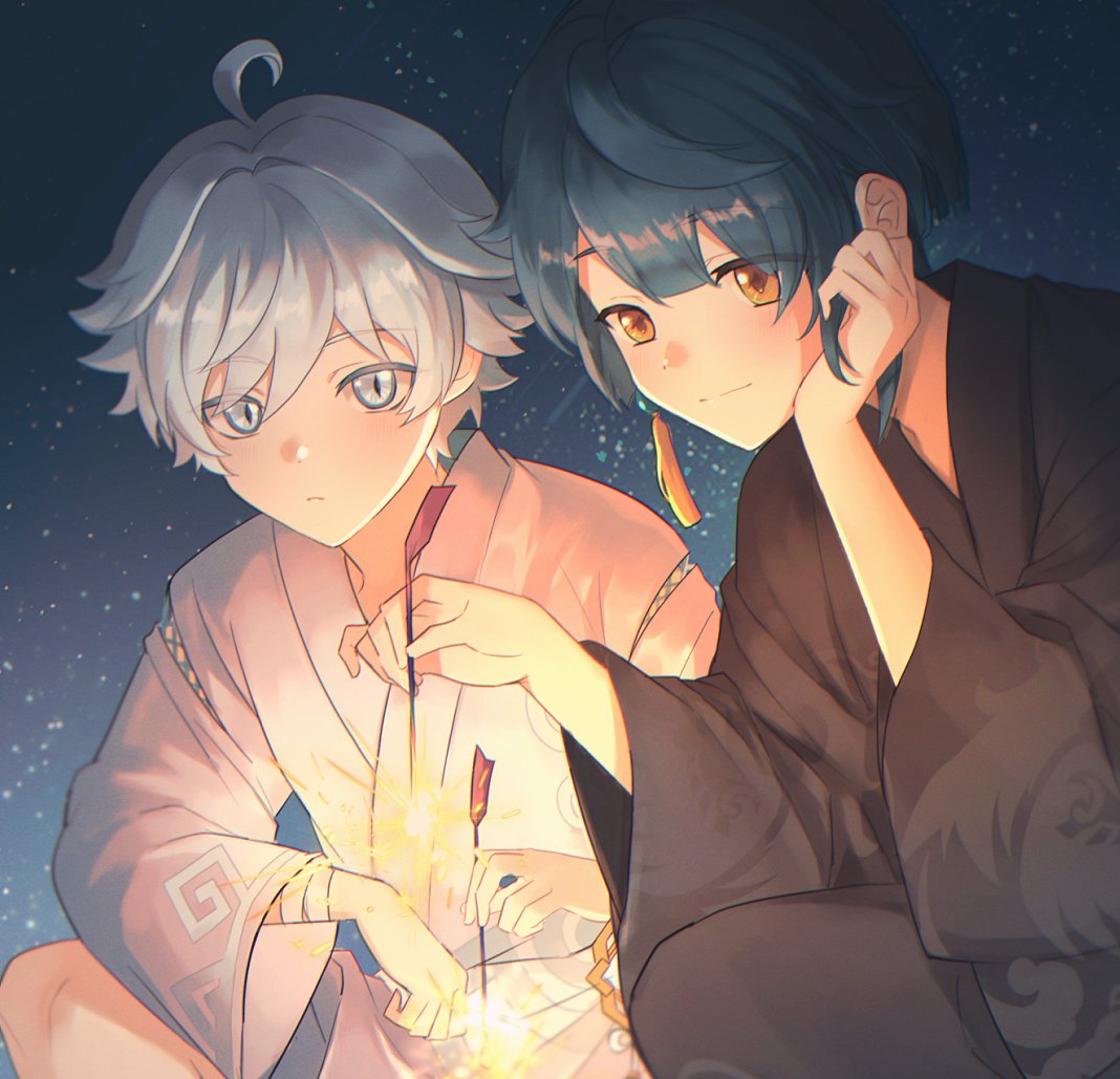 2boys ahoge ally_17451 alternate_costume ari_(bleum) asymmetrical_hair bandaged_arm bandages bangs black_kimono blue_eyes blue_hair blush chongyun_(genshin_impact) closed_mouth commentary_request earrings fireworks genshin_impact hair_between_eyes hand_up head_rest holding_fireworks japanese_clothes jewelry kimono long_sleeves looking_at_viewer looking_away male_focus multiple_boys night night_sky outdoors short_hair sidelocks single_earring sky smile sparkler star_(sky) starry_sky tassel tassel_earrings white_kimono wide_sleeves xingqiu_(genshin_impact) yellow_eyes