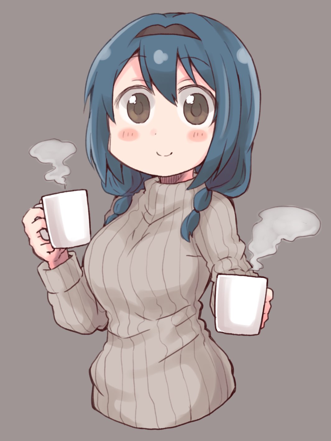 1girl bangs black_hairband blue_hair blush braid breasts brown_eyes cropped_torso cup es_(eisis) furutani_himawari grey_background grey_sweater hairband highres holding holding_cup long_sleeves looking_at_viewer medium_breasts medium_hair mug ribbed_sweater simple_background smile solo steam sweater twin_braids yuru_yuri