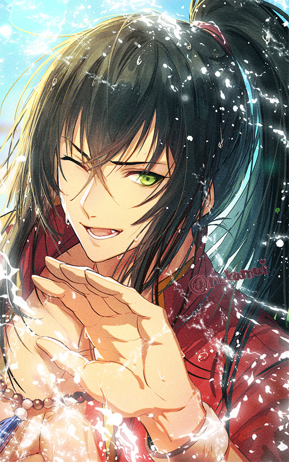 1boy ;d alternate_hairstyle bangs black_hair chain_necklace commentary_request fate/grand_order fate_(series) green_eyes hair_between_eyes hand_up jacket jewelry long_hair long_sleeves looking_at_viewer male_focus n_kamui necklace no_tattoo official_alternate_costume one_eye_closed open_mouth pearl_necklace ponytail red_jacket sky smile solo tattoo toned toned_male twitter_username upper_body very_long_hair watch watch water yan_qing_(fate) yan_qing_(training_wear)_(fate)