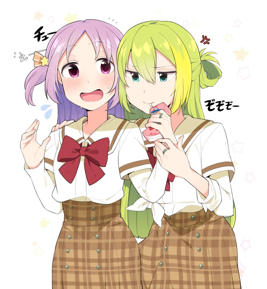 2girls alina_gray blush bow green_hair ilhi long_hair magia_record:_mahou_shoujo_madoka_magica_gaiden magical_girl mahou_shoujo_madoka_magica misono_karin multiple_girls purple_hair sakae_general_school_uniform school_uniform skirt strawberry_milk