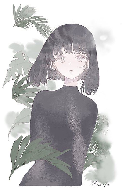 1girl bangs bishoujo_senshi_sailor_moon black_hair black_shirt blunt_bangs blunt_ends bob_cut earrings expressionless grey_eyes jewelry leaf long_sleeves looking_at_viewer plant ririfa shirt short_hair solo tomoe_hotaru turtleneck upper_body white_background