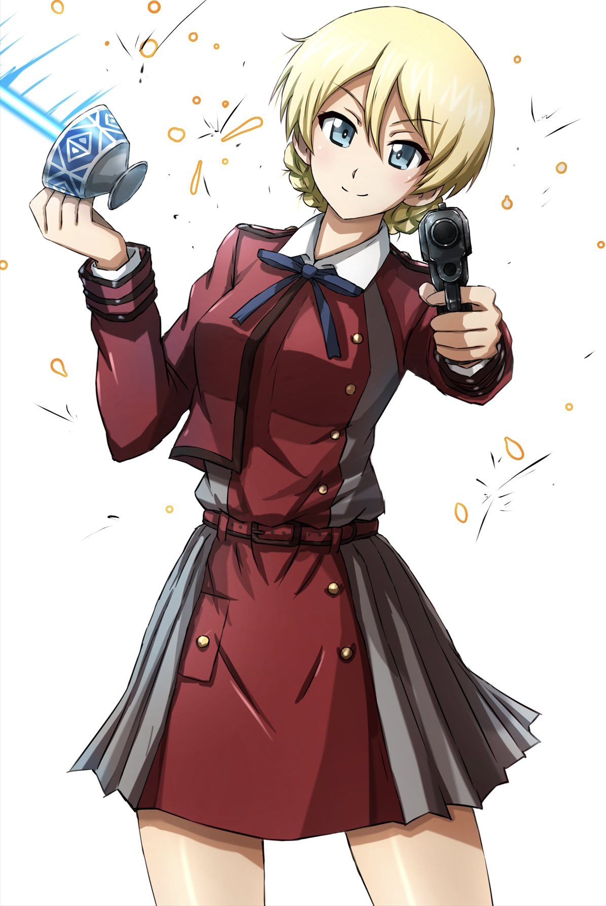 1girl aqua_eyes bangs blonde_hair braid collared_shirt cup darjeeling_(girls_und_panzer) dress girls_und_panzer gun hair_between_eyes handgun highres holding holding_cup holding_weapon long_sleeves omachi_(slabco) red_dress shirt simple_background smile solo standing teacup weapon white_background white_shirt