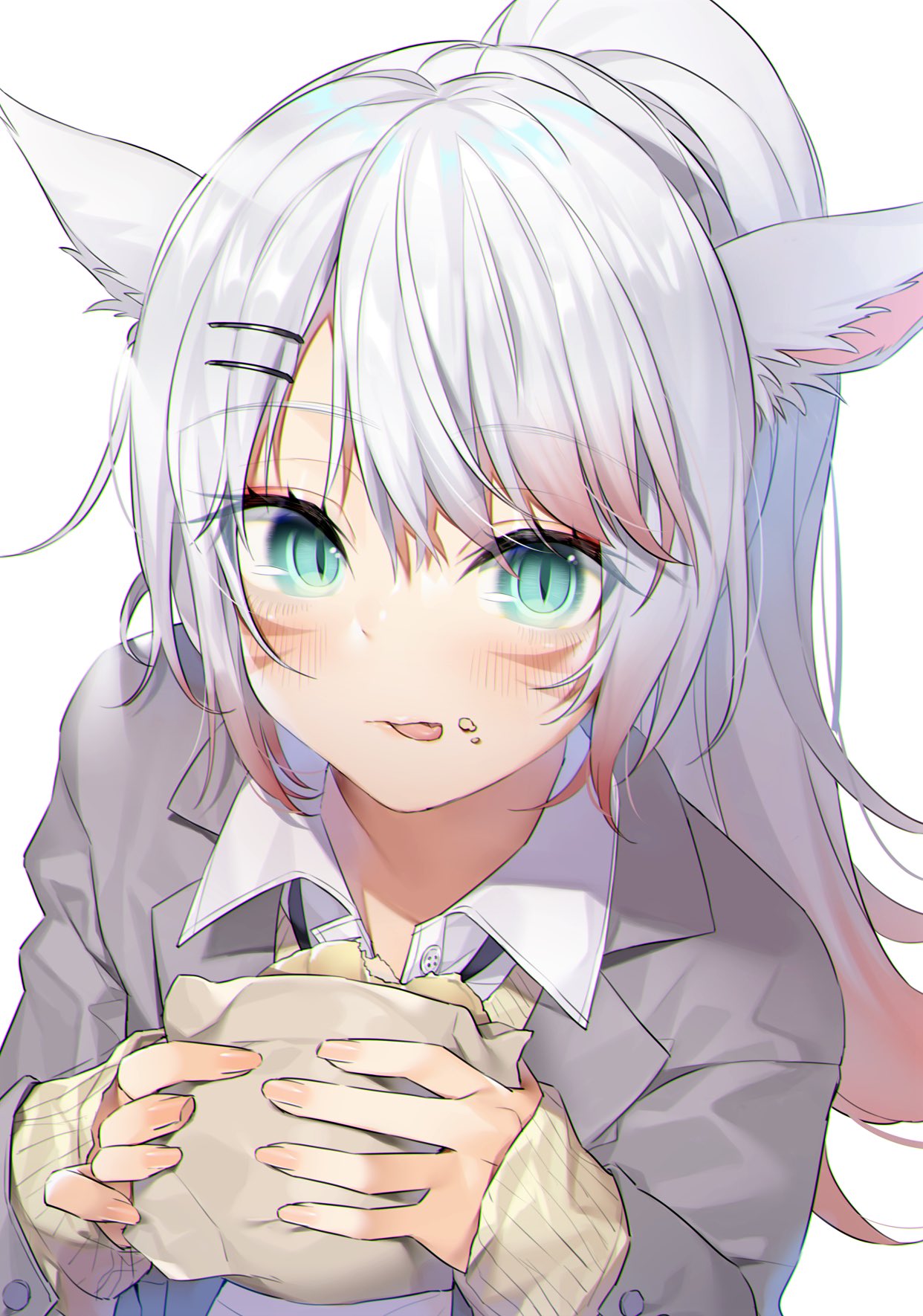 1girl :p animal_ears aqua_eyes avatar_(ff14) cat_ears cat_girl eating final_fantasy final_fantasy_xiv food food_on_face gradient_hair grey_jacket highres jacket long_hair long_sleeves looking_at_viewer miqo'te multicolored_hair pink_hair ponytail sleeves_past_wrists slit_pupils sweater tongue tongue_out white_hair yana_mori yellow_sweater