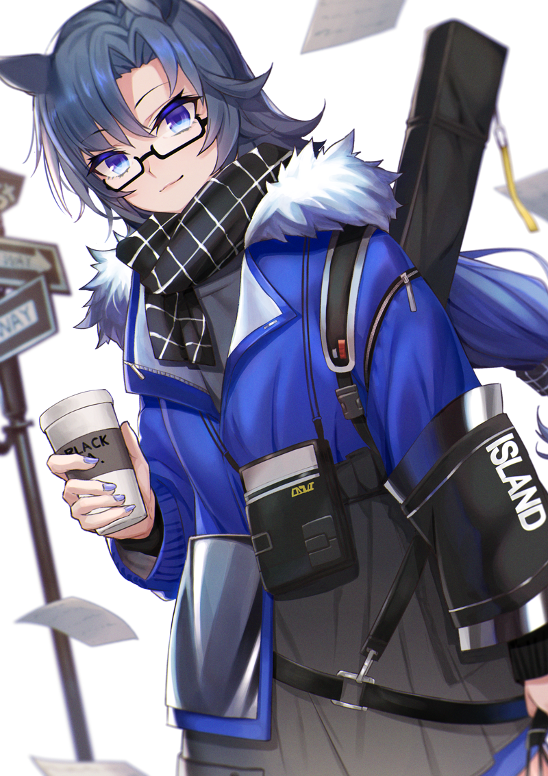 1girl animal_ears arknights asymmetrical_bangs bangs black-framed_eyewear black_hair black_scarf blue_coat blue_eyes closed_mouth coat coffee_cup cup deca_purio disposable_cup fang_(arknights) fang_(cruciata)_(arknights) fingernails fur-trimmed_coat fur_trim glasses holding holding_cup horse_ears long_hair long_sleeves looking_at_viewer nail_polish official_alternate_costume purple_nails scarf semi-rimless_eyewear simple_background smile solo under-rim_eyewear upper_body white_background