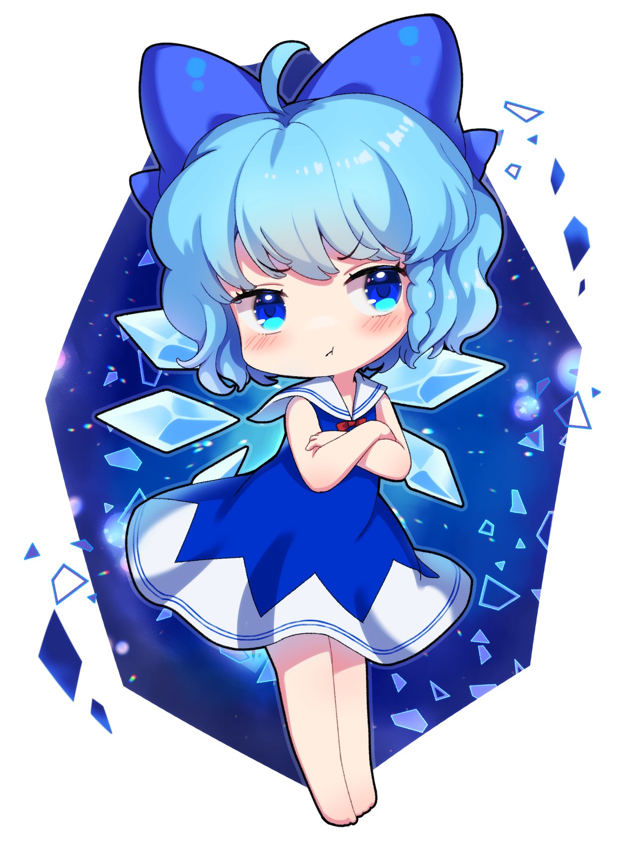 1girl ahoge bangs barefoot blue_background blue_bow blue_dress blue_eyes blue_hair blush bow bowtie chibi cirno closed_mouth crossed_arms crystal dress full_body hair_between_eyes highres ice ice_wings iris_anemone looking_to_the_side red_bow red_bowtie sailor_collar simple_background sleeveless sleeveless_dress solo standing touhou v-shaped_eyebrows white_background wings