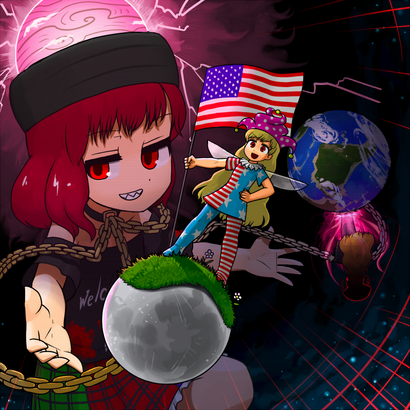 3girls american_flag american_flag_dress american_flag_pants arm_up arms_up back bangs black_choker black_dress black_headwear black_shirt black_sky blonde_hair chain chinese_clothes choker closed_mouth clothes_writing clownpiece commentary_request dress earth_(ornament) earth_(planet) energy fairy_wings flower flying frills gold_chain grass green_skirt hand_up hands_up hat hecatia_lapislazuli jester_cap junko_(touhou) leaf legacy_of_lunatic_kingdom light lightning long_hair long_sleeves looking_to_the_side medium_hair moon moon_(ornament) multicolored_clothes multicolored_skirt multiple_girls neck_ruff night night_sky ninniku_(ninnniku105) no_shoes open_mouth orange_hair pants phoenix_crown pink_headwear planet polka_dot polos_crown pom_pom_(clothes) purple_flower purple_skirt red_eyes red_flower red_skirt redhead sharp_teeth shirt short_sleeves skirt sky smile space standing star_(symbol) star_print striped striped_dress striped_pants t-shirt teeth touhou underworld_(ornament) v-shaped_eyebrows white_flower wide_sleeves wings