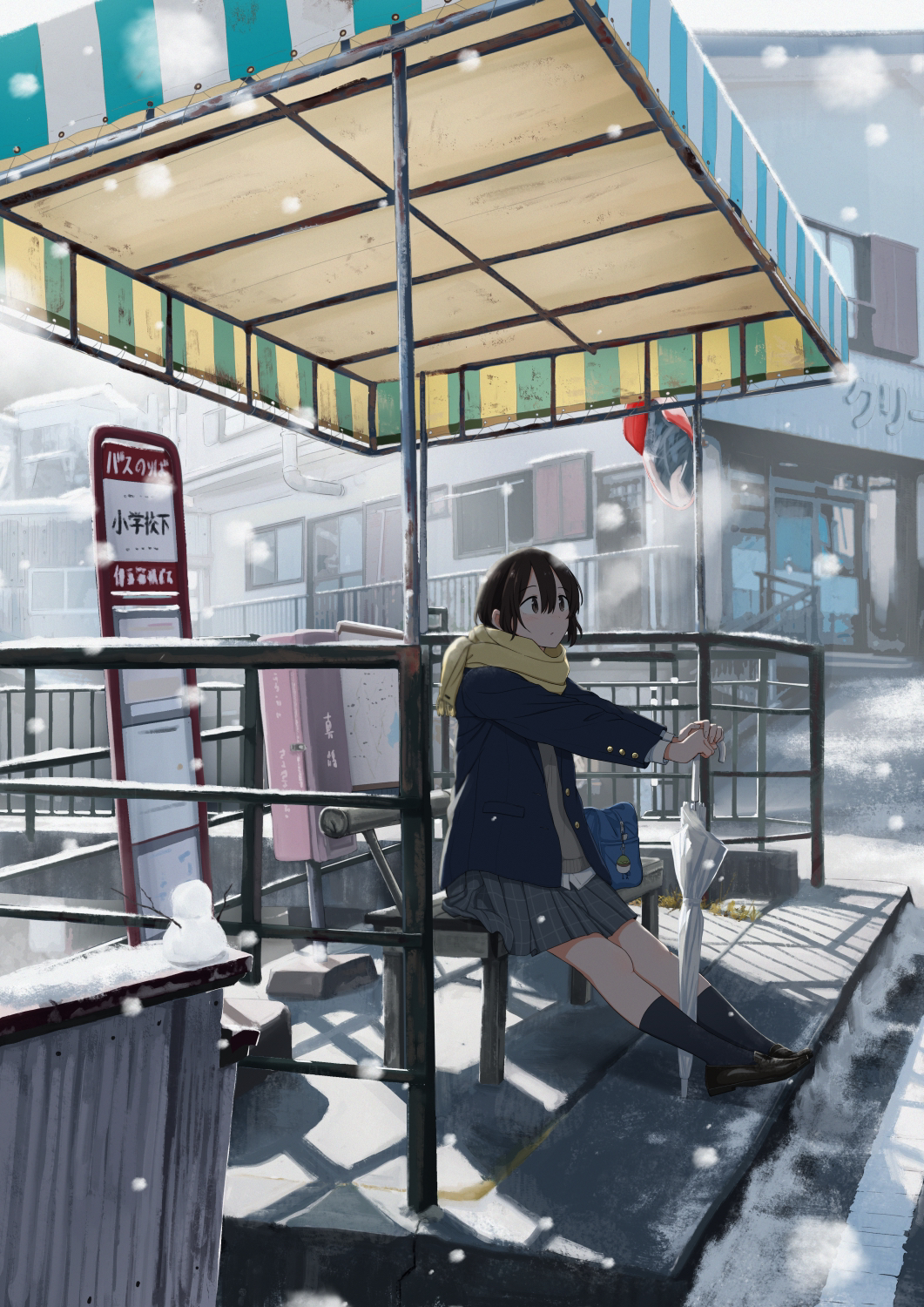 1girl bangs bench black_footwear blue_jacket blue_socks brown_hair building bus_stop buttons closed_mouth grey_skirt hair_between_eyes highres holding holding_umbrella jacket looking_ahead original outdoors pleated_skirt railing sakeharasu scarf short_hair sitting skirt snow snowman socks solo storefront umbrella white_umbrella window winter_clothes yellow_scarf