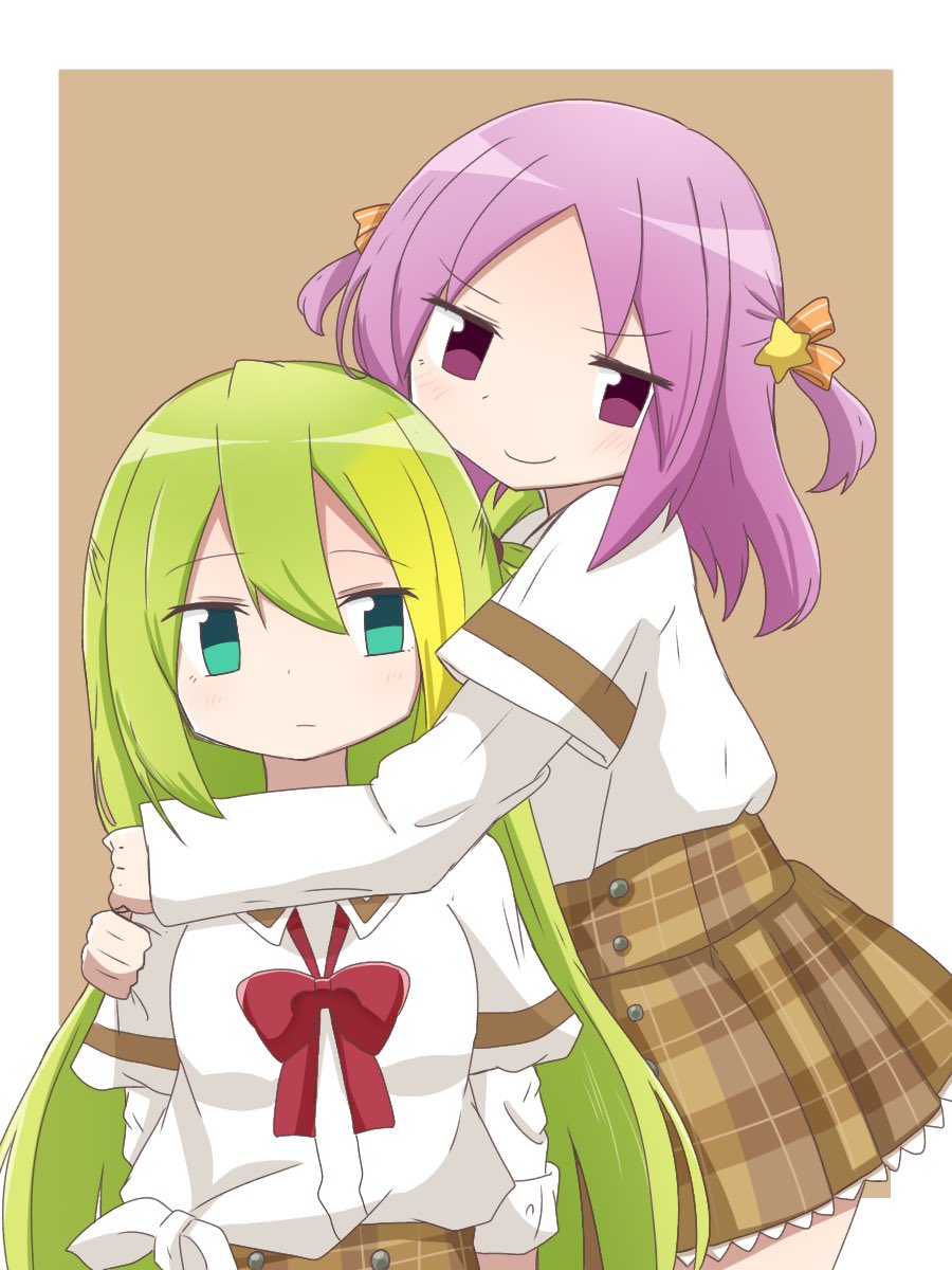 2girls alina_gray bangs bow green_hair hara_(nanohara) highres hug hug_from_behind magia_record:_mahou_shoujo_madoka_magica_gaiden magical_girl mahou_shoujo_madoka_magica medium_hair misono_karin multiple_girls purple_hair sakae_general_school_uniform school_uniform skirt smug