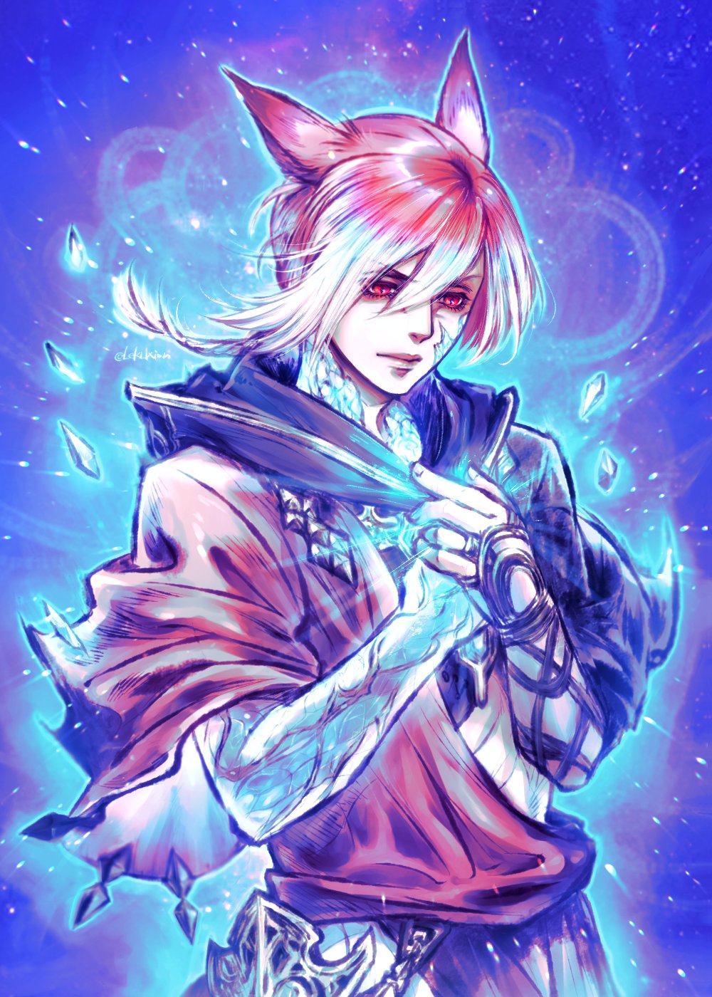 1boy animal_ears arm_wrap bangs black_robe blue_outline braid braided_ponytail cat_ears commentary crystal crystal_exarch crystallization facial_mark final_fantasy final_fantasy_xiv glowing gradient_hair hair_between_eyes hands_on_own_chest hands_up highres hood hood_down hooded_robe leki_ixion looking_down low_ponytail male_focus miqo'te multicolored_hair outline own_hands_together purple_background red_eyes redhead robe serious shards short_hair signature single_braid slit_pupils solo standing toga twitter_username two-tone_hair upper_body white_hair