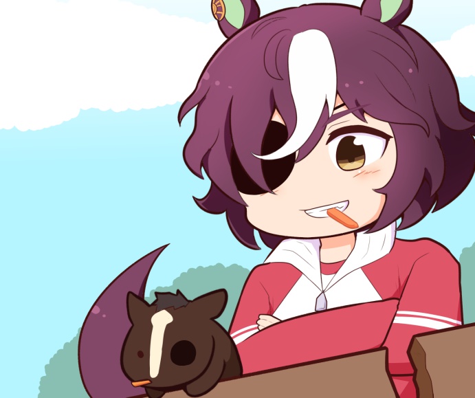 1girl animal_ears bangs broken_fence carrot commentary creature_and_personification crossed_arms ear_piercing eyepatch fence gomashio_(goma_feet) gym_shirt hair_over_one_eye horse horse_ears horse_girl horse_tail long_sleeves minimized piercing purple_hair red_track_suit shirt tail tanino_gimlet_(racehorse) tanino_gimlet_(umamusume) umamusume white_hair white_shirt wooden_fence yellow_eyes