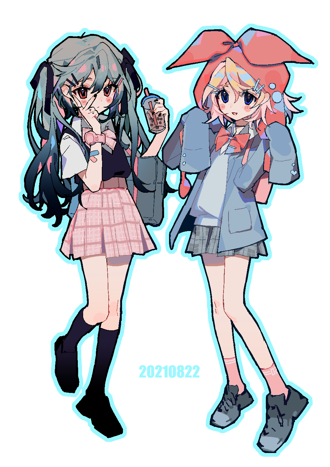 2girls alternate_eye_color bangs black_footwear black_socks black_vest blonde_hair blue_eyes blue_jacket blue_outline bow choker closed_mouth collared_shirt dated detached_hood fang flat_chest full_body green_hair grey_footwear grey_skirt grey_sweater_vest hair_ornament hairclip hatsune_miku heart highres hood jacket kagamine_rin long_hair long_sleeves medium_hair miniskirt multiple_girls neck_ribbon open_clothes open_jacket open_mouth outline pink_ribbon pink_skirt pink_socks plaid plaid_ribbon plaid_skirt red_bow red_eyes red_hood red_ribbon ribbon school_uniform shirt shoes short_sleeves simple_background skirt sleeves_past_fingers sleeves_past_wrists smile socks sweater_vest transparent_background vest vocaloid watch watch white_shirt xiangbuqimimaderen