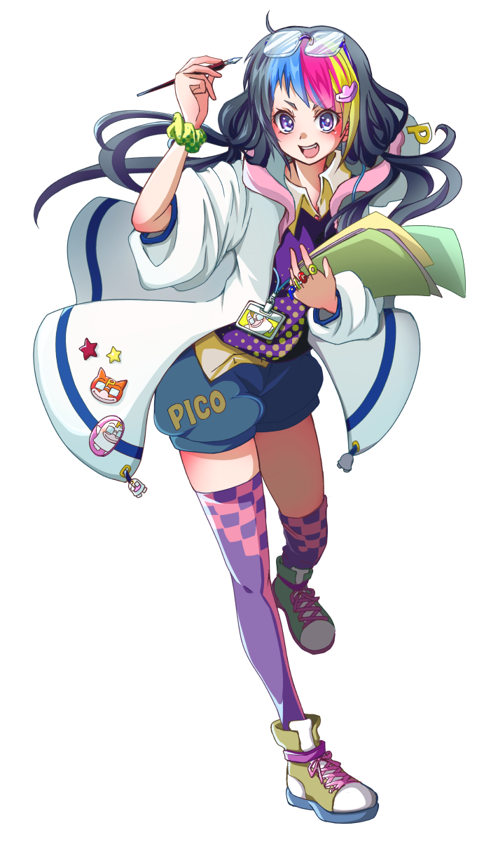 1girl :d bangs black_hair blonde_hair blue_hair checkered_thighhighs clothes_writing collared_shirt eyewear_on_head eyewear_removed glasses hair_ornament hand_up haruka_nsn highres holding holding_paintbrush holding_paper hood hooded_jacket id_card jacket jewelry lanyard long_hair low_twintails multicolored_hair multiple_rings open_mouth original paintbrush paper pink_hair ring scrunchie shirt shoes shorts smile sneakers solo standing standing_on_one_leg sweater thigh-highs twintails very_long_hair violet_eyes wrist_scrunchie