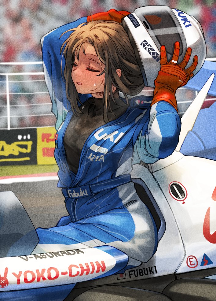 1girl black_hair brand_name_imitation car character_name closed_eyes clothes_writing ergot fubuki_(kancolle) future_gpx_cyber_formula gloves ground_vehicle helmet holding holding_helmet kantai_collection long_sleeves motor_vehicle official_alternate_costume open_mouth race_vehicle racecar racing_suit red_gloves short_hair solo