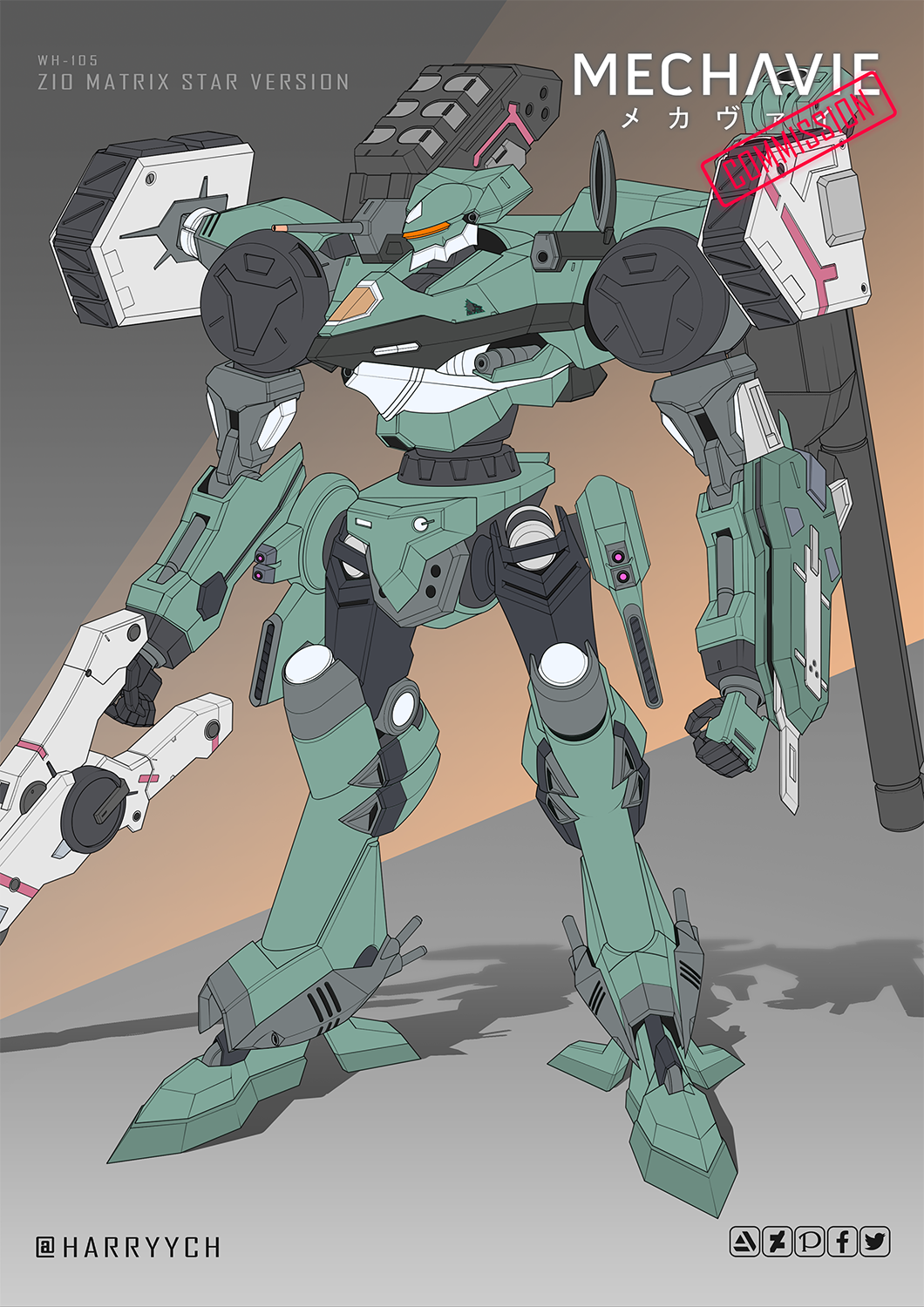 arm_blade armored_core clenched_hand commission english_commentary gun harryych highres holding holding_gun holding_weapon karasawa_(weapon) mecha missile_pod no_humans robot science_fiction shadow solo standing visor weapon