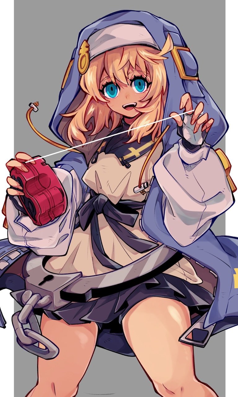 1girl androgyne_symbol bangs bare_legs bike_shorts bike_shorts_under_skirt black_ribbon blonde_hair blue_eyes blue_jacket bridget_(guilty_gear) cross cuffs drawstring fingerless_gloves gloves guilty_gear guilty_gear_strive habit hair_between_eyes handcuffs highres hood hood_up hoodie jacket long_sleeves mako_gai medium_hair open_mouth pleated_skirt ribbon sidelocks skirt solo thighs transgender yo-yo