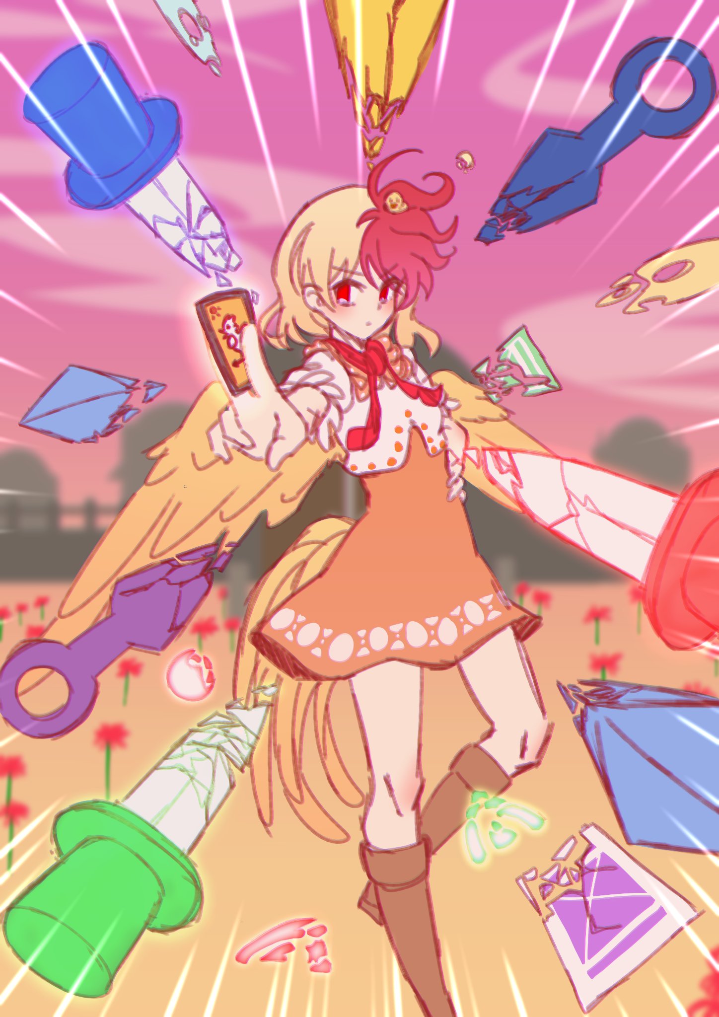 1girl ability_card_(touhou) animal_on_head arm_up bangs bird bird_on_head black_eyes blonde_hair blush boots breasts brown_footwear card card_(medium) chick closed_mouth clouds cloudy_sky colored_skin commentary_request dress eyes_visible_through_hair fence flower gradient gradient_sky grass ground hair_between_eyes hand_on_hip hand_up highres holding holding_card knife leg_up looking_at_viewer medium_breasts multicolored_hair niwatari_kutaka on_head orange_dress outdoors pink_sky puffy_short_sleeves puffy_sleeves red_eyes red_flower red_scarf redhead scarf short_hair short_sleeves sky solo standing standing_on_one_leg sunset tail tomori_yukari touhou tree two-tone_hair v-shaped_eyebrows vest white_vest wings yellow_skin