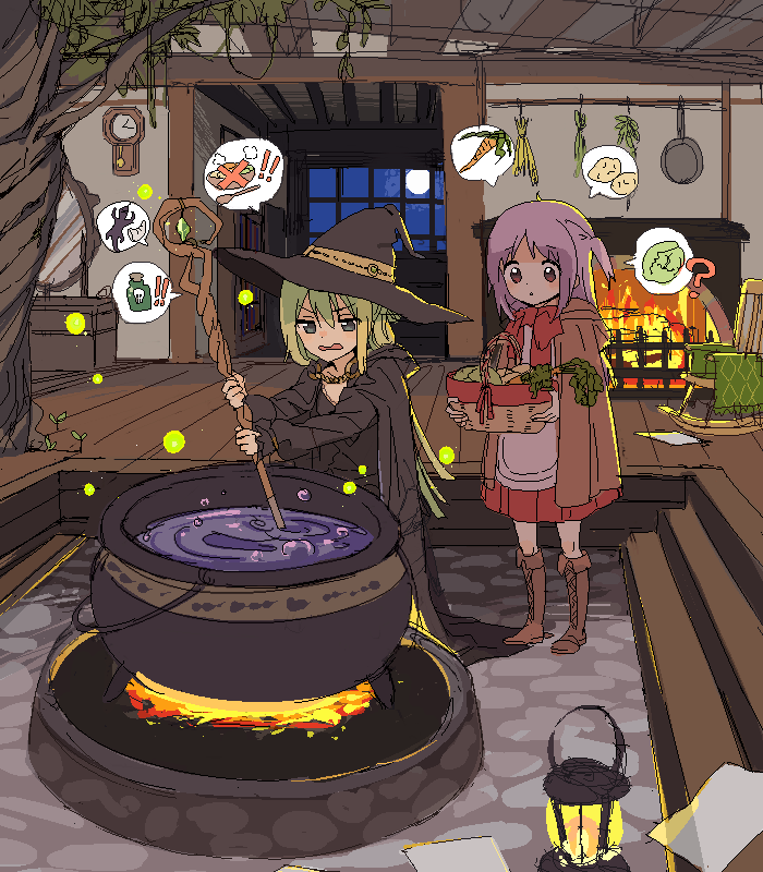 2girls alina_gray alternate_costume annoyed apron aqua_eyes bangs basket black_cape black_headwear black_robe blush boyano brown_footwear brown_jacket cape carrot cauldron chair cross-laced_footwear dot_nose dress fireplace fold-over_boots food gem green_gemstone green_hair hair_between_eyes hair_rings hat herb holding holding_basket hood hooded_cape indoors jacket jaggy_lines lamp lettuce long_hair magia_record:_mahou_shoujo_madoka_magica_gaiden mahou_shoujo_madoka_magica medium_hair mirror misono_karin multicolored_hair multiple_girls night parted_bangs potato purple_hair red_dress robe rocking_chair sidelocks staff stairs stone_floor streaked_hair tree two_side_up vegetable very_long_hair violet_eyes white_apron witch_hat wooden_floor