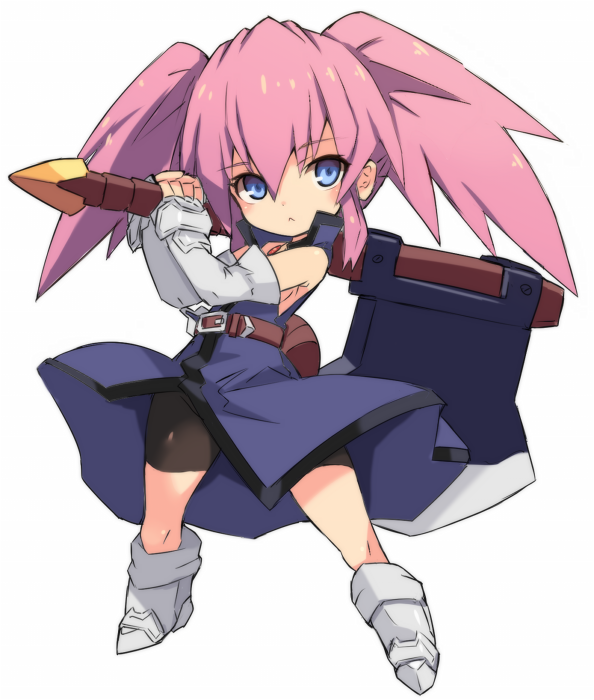 1girl axe belt bike_shorts black_shorts boots breasts chibi closed_mouth dress elbow_gloves full_body gloves grey_footwear grey_gloves hair_between_eyes holding holding_axe holding_weapon huge_weapon karukan_(monjya) knee_boots long_hair looking_at_viewer open_clothes open_dress pink_hair presea_combatir purple_dress shorts shorts_under_dress sideboob simple_background sleeveless sleeveless_dress small_breasts solo tales_of_(series) tales_of_symphonia twintails weapon white_background wind wind_lift