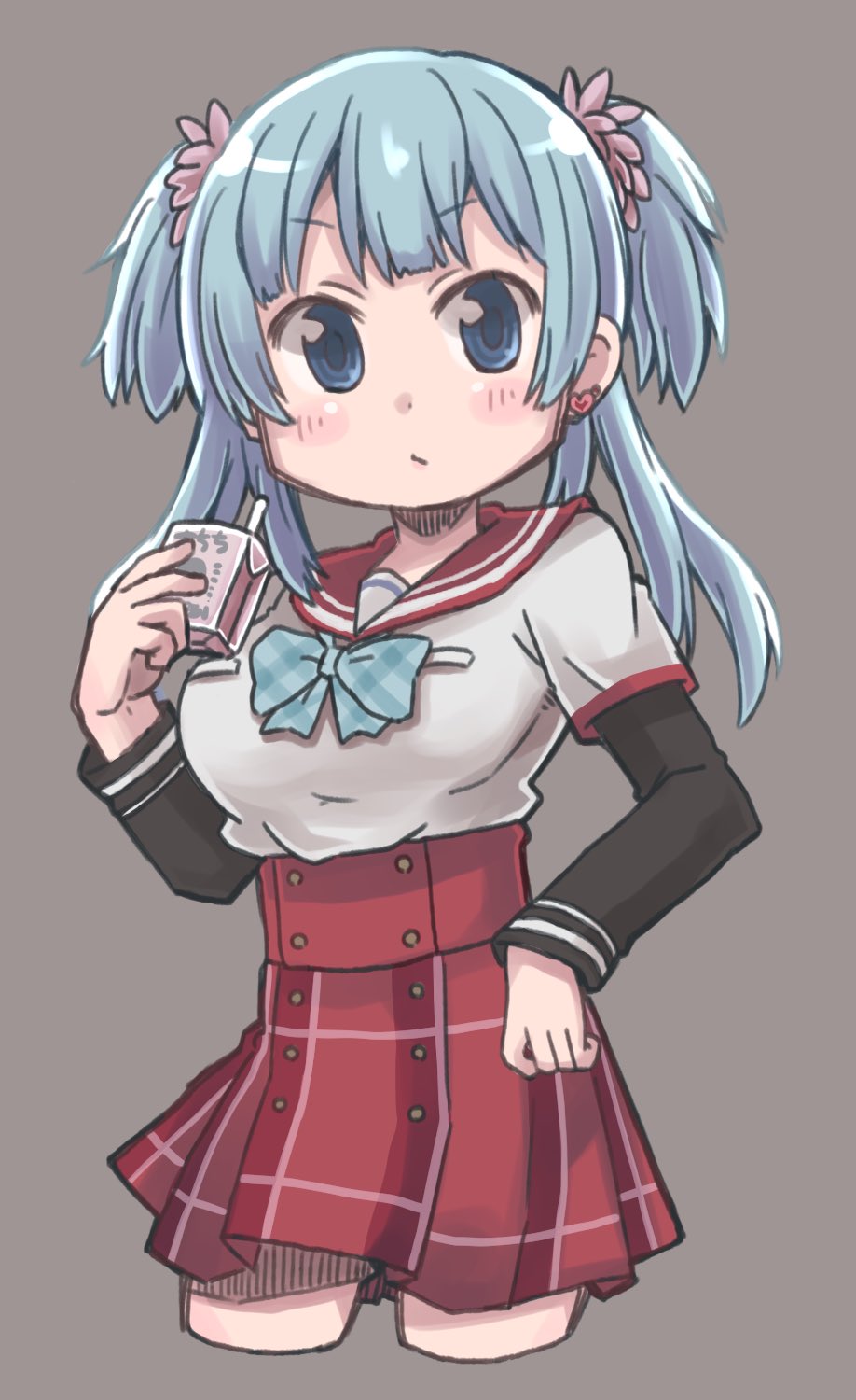 1girl aqua_hair bangs blue_eyes breasts closed_mouth cropped_legs dress ear_piercing es_(eisis) grey_background highres holding jewelry juice_box kamihama_university_affiliated_school_uniform large_breasts layered_sleeves long_hair long_sleeves looking_at_viewer magia_record:_mahou_shoujo_madoka_magica_gaiden mahou_shoujo_madoka_magica minami_rena piercing red_sailor_collar sailor_collar school_uniform short_over_long_sleeves short_sleeves simple_background solo two_side_up