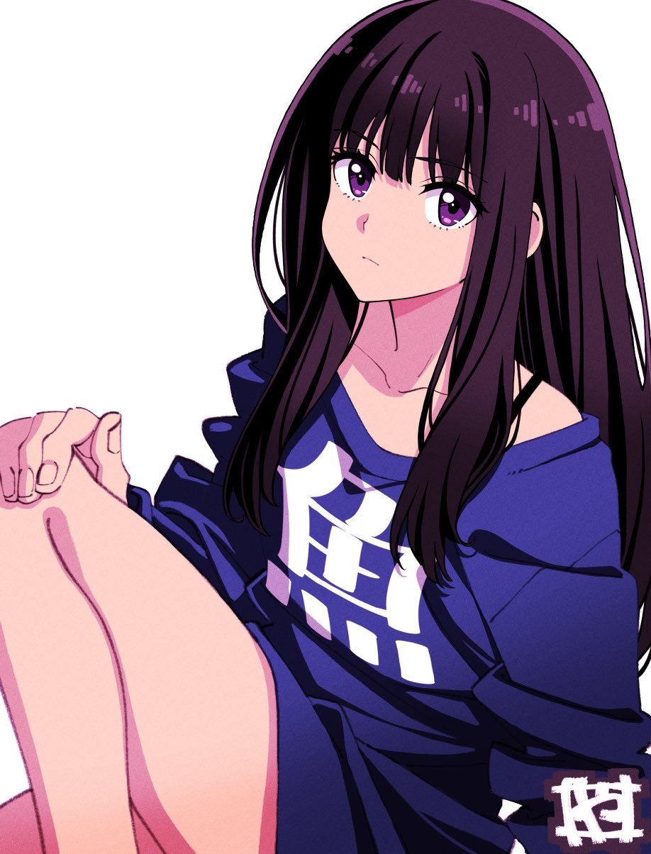 1girl black_hair blue_shirt bra_strap collarbone commentary_request hand_on_own_knee highres inoue_takina long_hair looking_at_viewer lycoris_recoil oversized_clothes oversized_shirt shirt sitting solo violet_eyes white_background yamayoshi