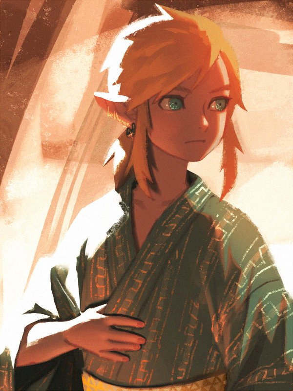 1boy alternate_costume bangs bellhenge blonde_hair closed_mouth commentary green_eyes green_kimono japanese_clothes kimono link looking_to_the_side male_focus medium_hair pointy_ears sash sidelocks solo the_legend_of_zelda the_legend_of_zelda:_breath_of_the_wild upper_body wide_sleeves yellow_sash yukata