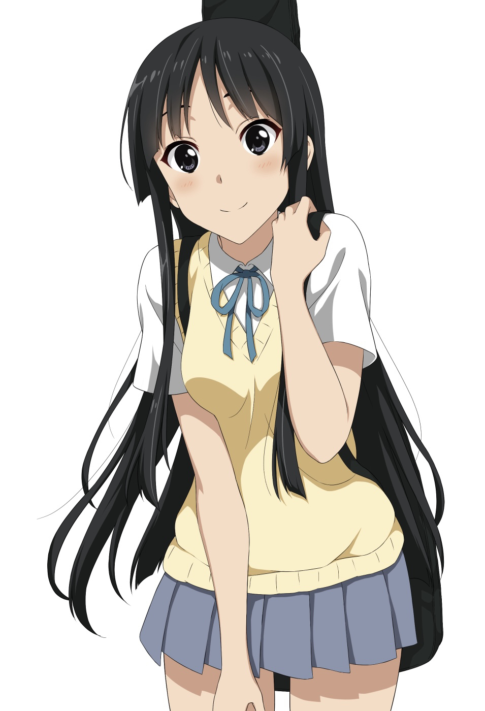 1girl akiyama_mio bag bangs black_eyes black_hair blue_skirt blush breasts closed_mouth collared_shirt commentary_request darknessukaru highres hime_cut k-on! long_hair looking_at_viewer pleated_skirt sakuragaoka_high_school_uniform school_uniform shirt short_sleeves simple_background skirt smile solo sweater_vest white_background white_shirt yellow_sweater_vest