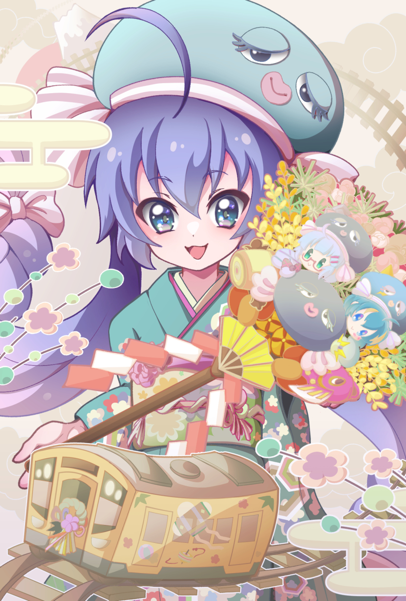 1girl :3 :d ahoge animal_hat bangs blue_eyes blue_hair blush bow eel_hat ground_vehicle hair_bow hand_fan haruka_nsn hat highres japanese_clothes kimono new_year open_mouth otomachi_una railroad_tracks smile solo train twintails vocaloid