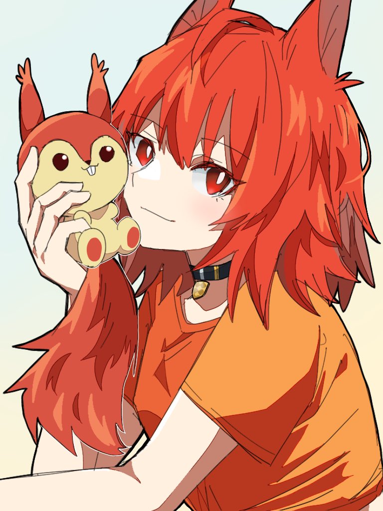 1girl ahoge animal_ears arknights black_collar blue_background breasts collar flametail_(arknights) hair_between_eyes holding holding_stuffed_toy looking_at_viewer orange_shirt red_eyes redhead shirt short_sleeves simple_background small_breasts smile solo squirrel_ears squirrel_girl stuffed_squirrel stuffed_toy t-shirt toto_(t0t00629) upper_body