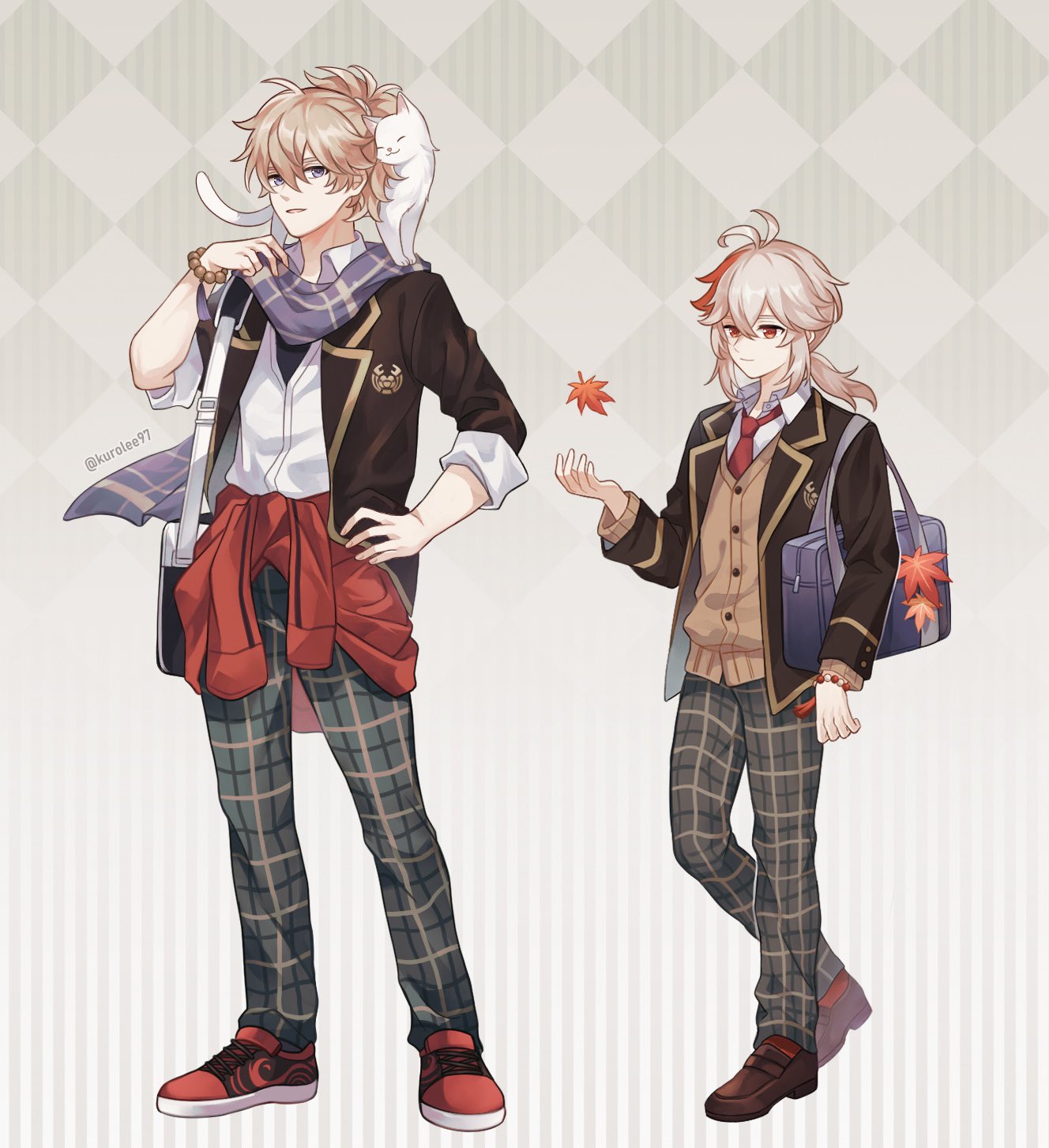 2boys alternate_costume animal_on_shoulder antenna_hair autumn_leaves bag bangs bead_bracelet beads blazer blue_eyes bracelet buttons cardigan cat cat_on_shoulder checkered_pants closed_mouth clothes_around_waist duffel_bag english_commentary full_body genshin_impact hair_between_eyes hand_on_hip highres jacket jewelry kaedehara_kazuha kazuha's_friend_(genshin_impact) kuro_lee light_brown_hair loafers long_sleeves looking_at_viewer multicolored_hair multiple_boys necktie pony purple_scarf red_eyes red_necktie redhead scarf school_uniform shirt shoes smile sneakers standing streaked_hair sweater sweater_around_waist twitter_username white_cat white_hair white_shirt wing_collar