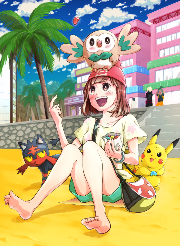 1girl 2boys alola bag barefoot beach brown_eyes brown_hair buildings eating gladio_(pokemon) green_shorts happy hau_(pokemon) jelly_bean litten open_mouth palm_tree pikachu pokemon pokemon_sm red_hat rowlet sand selene_(pokemon) sitting smile soles toes watermelon yellow_shirt