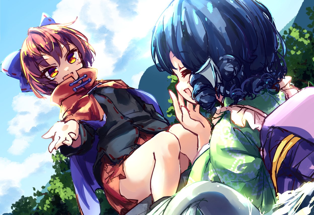 2girls bangs black_shirt blue_hair blue_sky cloak closed_mouth clouds drill_locks dutch_angle eyeshadow frilled_kimono frills green_kimono head_fins isu_(is88) japanese_clothes kimono looking_at_another looking_at_viewer makeup multiple_girls outdoors plant red_eyeshadow red_skirt redhead sekibanki shirt short_hair sitting skirt sky smile touhou wakasagihime