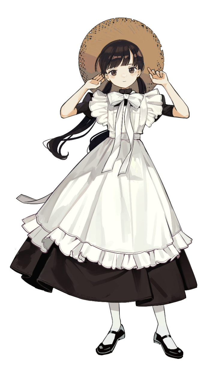 1girl apron bangs black_footwear black_skirt blunt_bangs bow bowtie brown_eyes brown_hair dot_nose frilled_apron frills hands_up hat highres index_finger_raised kashiwagi_chisame light_smile looking_at_viewer maid maid_apron mary_janes open_hand original shoes simple_background skirt solo standing straw_hat white_background white_bow white_bowtie