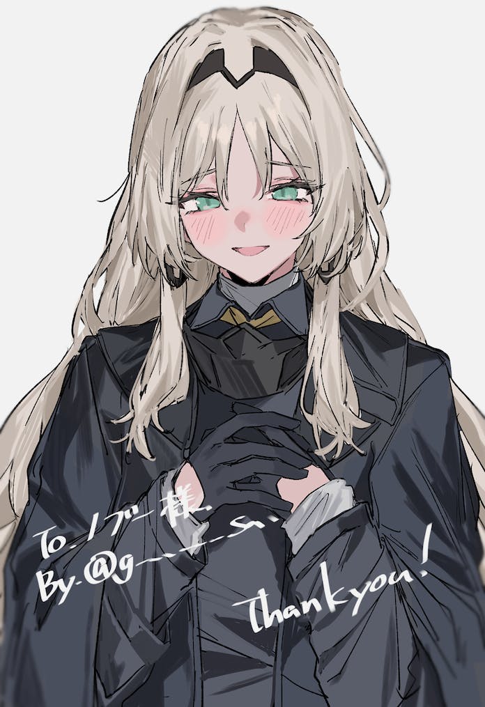 1girl :d an-94_(girls'_frontline) aogisa black_gloves black_hairband black_jacket blush commission girls_frontline gloves green_eyes hairband jacket light_brown_hair long_hair mask mask_around_neck simple_background skeb_commission smile solo tactical_clothes thank_you twitter_username upper_body white_background